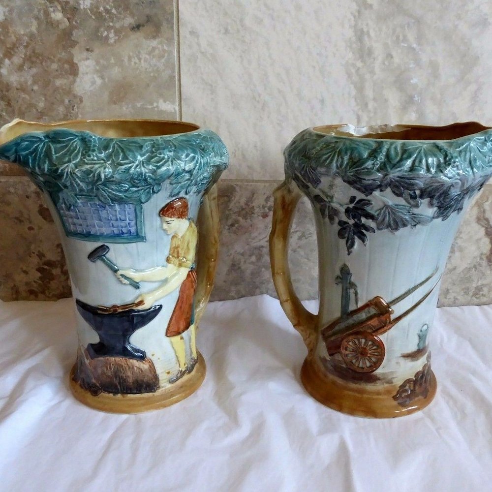 BURLEIGH WARE THE VILLAGE BLACKSMITH 2 PITCHERS